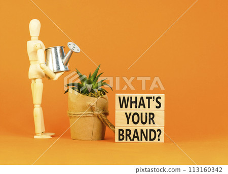 Branding and what is your brand symbol. Concept words What is your brand on beautiful blocks. Beautiful orange background. Businessman icon. Business branding what is your brand concept. Copy space. 113160342