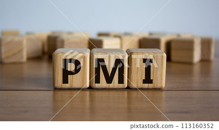 Concept word 'PMI' on cubes on a beautiful wooden table. White background. Business concept. Copy space. Concept word 'PMI' on cubes on a beautiful wooden table. White background. Business concept. Copy space. 113160352