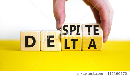 Covid-19 delta variant strain despite symbol. Doctor turns wooden cubes and changes the word delta to despite. Beautiful white background. Covid-19 delta variant strain defence concept. Copy space. 113160370