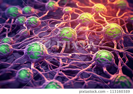 Science and medicine abstraction with neurons transmitting synapse signal. Neural system with impulse going through nerve cell. Generated AI. 113160389