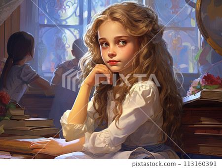 Young girl sits in a school classroom, surrounded by her peers. Drawn schoolgirl studying at a table in a classroom. Generated AI. 113160391