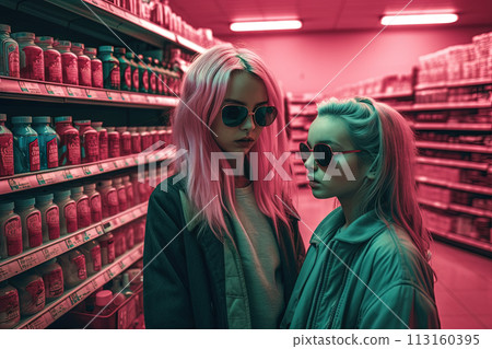Family of mother and daughter looking cool in 80s styled synthwave store. People in supermarket. Generated AI. 113160395