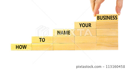 How to name your business symbol. Concept words How to name your business on wooden blocks. Beautiful white table white background. Businessman hand. How to name your business concept. Copy space. 113160458