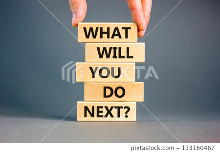 What will you do next symbol. Concept words What will you do next on wooden blocks. Beautiful grey table grey background. Businessman hand. Business, what will you do next concept. Copy space. What will you do next symbol. Concept words What will you do next on wooden blocks. Beautiful grey table grey background. Businessman hand. Business, what will you do next concept. Copy space. 113160467