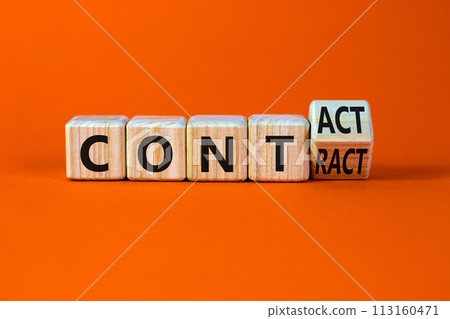 From contact to contract symbol. Turned a wooden cube and changed the word contact to contract. Beautiful orange background, copy space. Business, from contact to contract concept. From contact to contract symbol. Turned a wooden cube and changed the word contact to contract. Beautiful orange background, copy space. Business, from contact to contract concept. 113160471