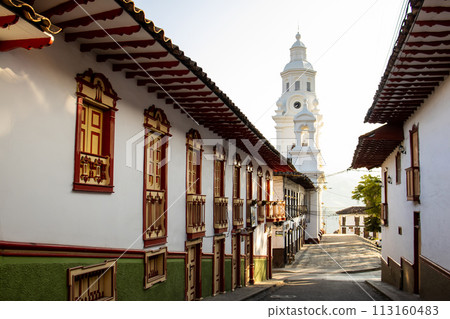 View of the beautiful Heritage Town of Salamina located at the Department of Caldas in Colombia 113160483