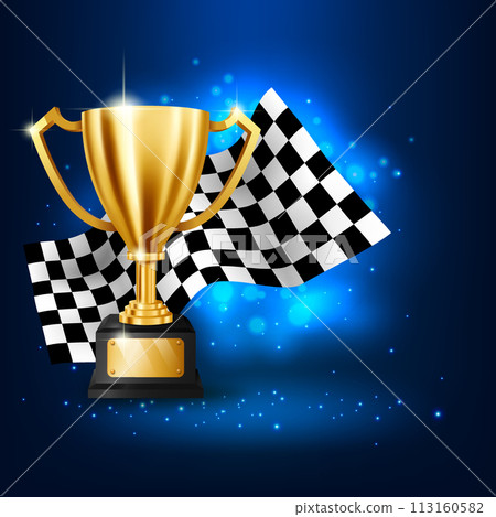 Realistic Golden Trophy with Checkered Flag Racing Championship on Blue Background, Vector Illustration 113160582