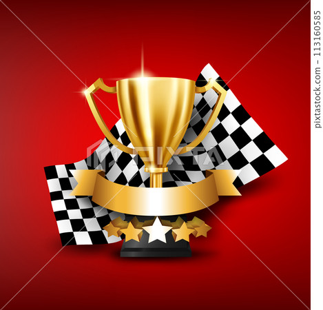 Realistic Golden Trophy with Checkered Flag Racing Championship and Place For Text, Vector Illustration 113160585