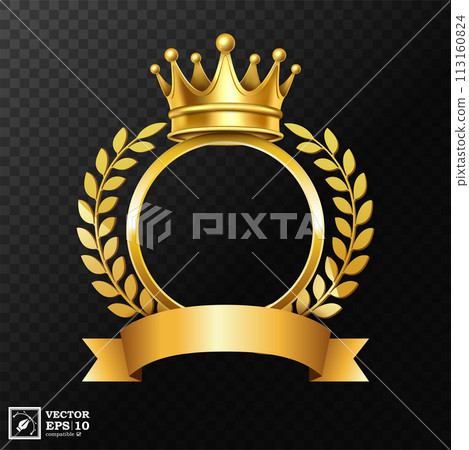 Realistic Golden Crown with Laurel Wreath and A Gold Ribbon For Text, Isolated on A Transparent Background, Vector Illustration 113160824