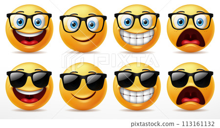 Smiling Faces Emoticon Character Set, Facial Expressions of Cute Yellow Faces Wearing Sunglasses. 3D Realistic, Vector Illustration 113161132
