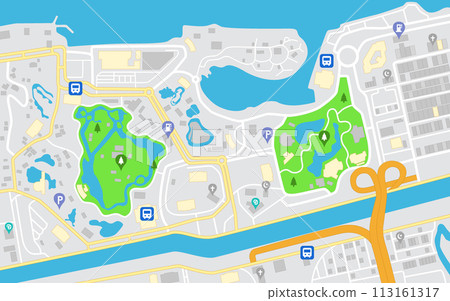 Flat City Navigation Map, Streets Parks and River with Top View, Vector Illustration Flat City Navigation Map, Streets Parks and River with Top View, Vector Illustration 113161317