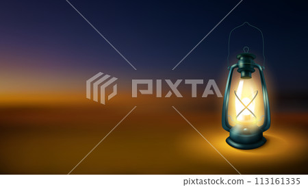 Realistic Lantern Isolated on Night Blurred Background, Kerosene Lamp Illuminated, Vector Illustration 113161335