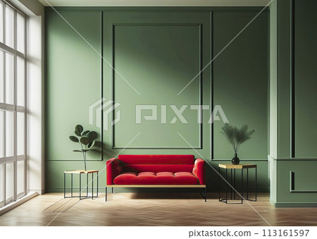 Modern soft red sofa against a background of an empty green wall. Minimalist interior of a modern room 113161597