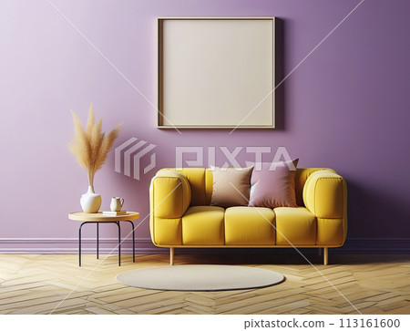 Modern soft yellow sofa against a background of an empty purple wall. Minimalist interior of a modern room 113161600