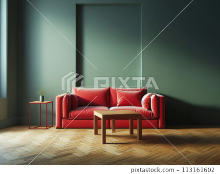 Modern soft red sofa against a background of an empty green wall. Minimalist interior of a modern room 113161602
