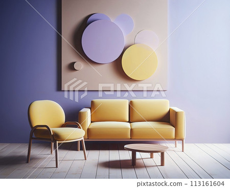Modern soft yellow sofa against a background of an empty purple wall. Minimalist interior of a modern room 113161604