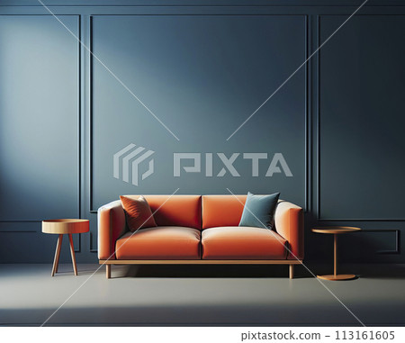 Modern soft orange sofa against a background of an empty blue wall. Minimalist interior of a modern room 113161605