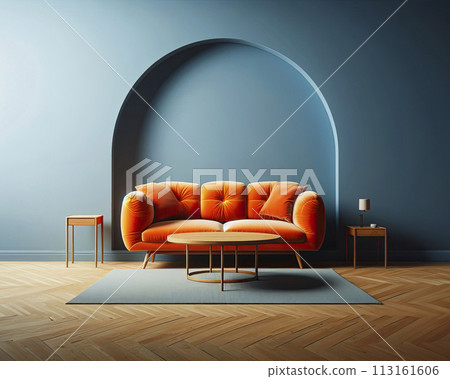 Modern soft orange sofa against a background of an empty blue wall. Minimalist interior of a modern room 113161606