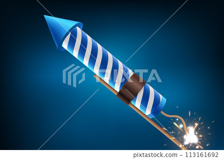 Realistic Firecracker with Light Explosive Effect, Firework Rocket with Sparkling Fireworks Explosions, Vector Illustration 113161692