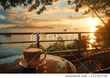 黃昏的咖啡廳露臺 - 時尚的“AI 生成圖像” 113161756