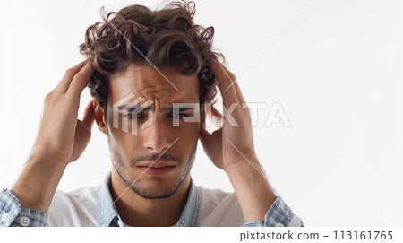 Man covers ears with hands in discomfort, likely from a headache 113161765