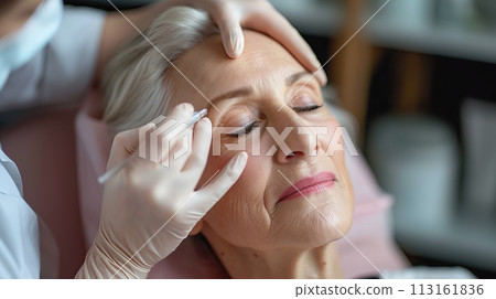 Beautiful mature woman receiving botox injection in her face at beauty salon 113161836