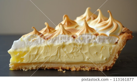 A slice of lemon meringue pie on a blue plate, a delicious baked goods option A slice of lemon meringue pie on a blue plate, a delicious baked goods option 113161877