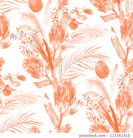 Monochrome watercolor seamless pattern with herbarium of protea flowers and tropical palm leaves on white 113161918