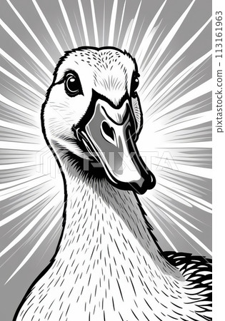 Close-up of a cartoon goose, black and white illustration 113161963