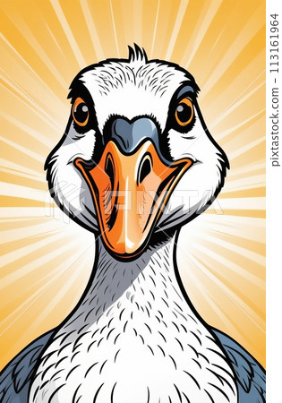 Close-up of a cartoon goose, on yellow background 113161964