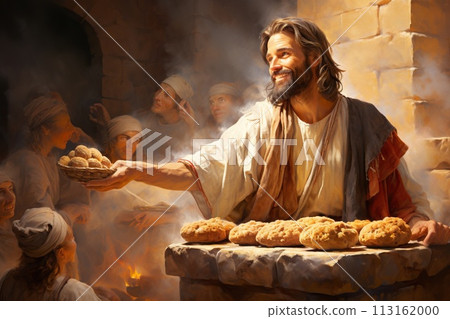 Jesus Christ fed bread to the poor , bible religion, gospels, ancient scriptures history, Jesus hands giving bread to poor , biblical story to feed hungry, charity 113162000