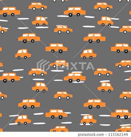 Seamless pattern with cute car on color background. Cartoot transport. Vector illustration. Doodle style. Design for baby print, invitation, poster, card, fabric, textile 113162149