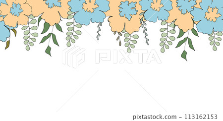 Hello spring banners collection. Background with color leaves, flowers. Nature concept design. Modern floral compositions in trendy flat simple style. Vector illustration for poster, greeting card 113162153