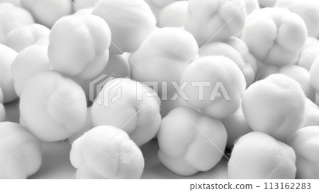 close up of cotton wool balls on white background, monochrome 113162283