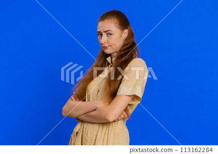 Offended adult woman having misunderstanding, frustrated after quarrel, ignores communication, talk 113162284