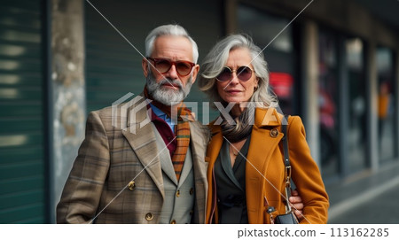 A man and a woman in cool sunglasses sitting on a bench at an event 113162285
