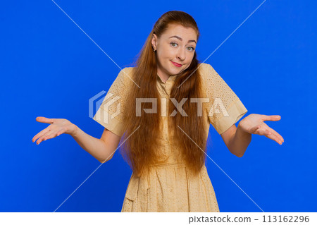 Woman raising hands in indignant expression ask why what reason of failure demonstrating disbelief 113162296