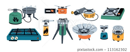 Camping gas stoves. Portable burners for outdoor cooking. Propane tanks. Hiking cookers. Expeditionary kitchen. Camp furnaces. Fuel cylinder balloons. Touristic ovens. Garish vector set 113162302