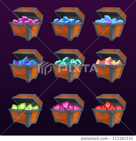 Chest of gems. Ancient wooden open boxes with colorful gemstone crystals and minerals. Brilliant emeralds. Jewel rubies and diamonds. Faceted rhinestones. Game UI elements vector set Chest of gems. Ancient wooden open boxes with colorful gemstone crystals and minerals. Brilliant emeralds. Jewel rubies and diamonds. Faceted rhinestones. Game UI elements vector set 113162310