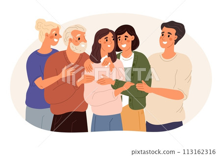 Group psychological support. People hug and comfort sad crying woman. Manifestation of empathy. Friends offering condolences. Man and girl showing compassion. Garish vector concept 113162316