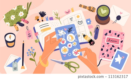 Hands write top view. Female hands stick stickers in diary. Woman taking notes. Daily planning. Event and tasks schedule. Notebook on table. Office stationery. Garish vector concept 113162317