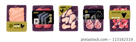 Meat products packages. Plastic substrates with minced pork. Wings and thighs. Tray with label. Beef medallions and lamb pieces. Wrapping containers. Food packaging. Garish vector set Meat products packages. Plastic substrates with minced pork. Wings and thighs. Tray with label. Beef medallions and lamb pieces. Wrapping containers. Food packaging. Garish vector set 113162319
