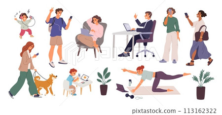 People communicate on social media networks. Internet surfing. Woman reading books. Man listening to music. Phones and laptops using. Video training. Selfie photo. Garish vector set 113162322
