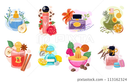 Perfume ingredients. Essential oil bottles and aromatherapy elements. Perfumery aroma. Fragrances notes. Fruits smell. Flower and spice flavors. Aromatic cosmetic. Recent vector set 113162324