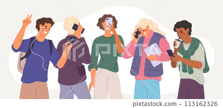 Teenagers group with smartphones. People in casual clothes. Friends communicate on social networks. Girl listening to music. Guy shooting selfie. Persons chatting. Garish vector concept Teenagers group with smartphones. People in casual clothes. Friends communicate on social networks. Girl listening to music. Guy shooting selfie. Persons chatting. Garish vector concept 113162326