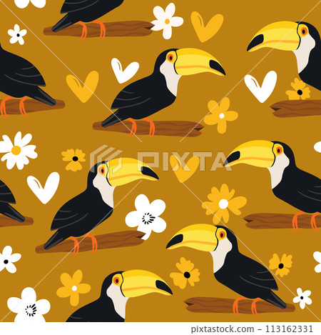 Seamless pattern with cute cartoon toucan bird on branch. Vector illustration for wallpaper, fabric, textile. Summer exotic print. Tropical toucan with floral monstera leaves 113162331