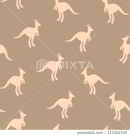 Vector flat illustration with silhouette kangaroo and baby kangaroo on fiery background. Seamless pattern on orange background. Design for card, poster, fabric, textile. Pray for Australia and animals 113162334