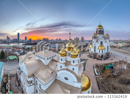 Spring Yekaterinburg, Temple on Blood and Church of St Nicholas in sunset. Aerial view of Yekaterinburg, Russia. Translation of text on the temple 113162419