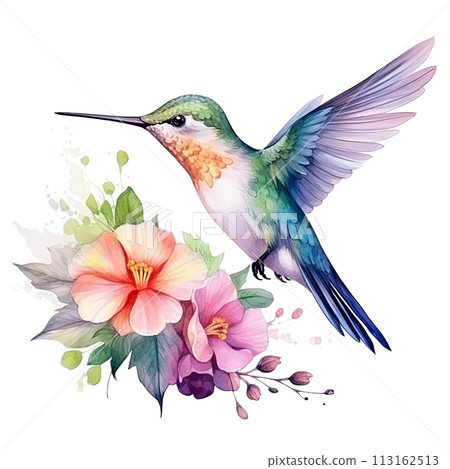 Hummingbird With Pink Flowers Watercolor Painting 113162513