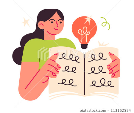 Woman reads a book and has an insight, an idea. 113162554